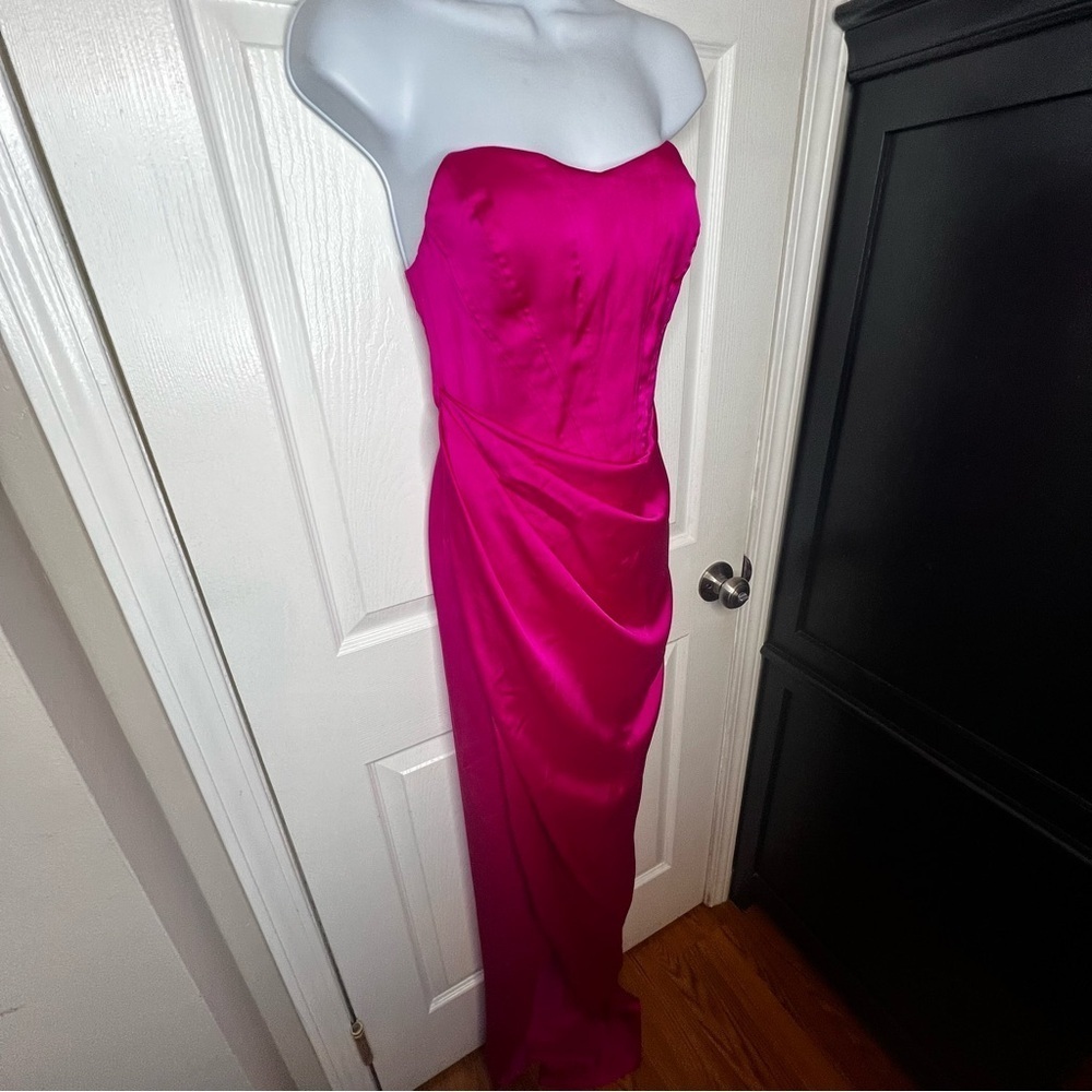 Express Women’s 2 Pink Satin Strapless Corset Gown Dress XS Formal Slit - Picture 3 of 16